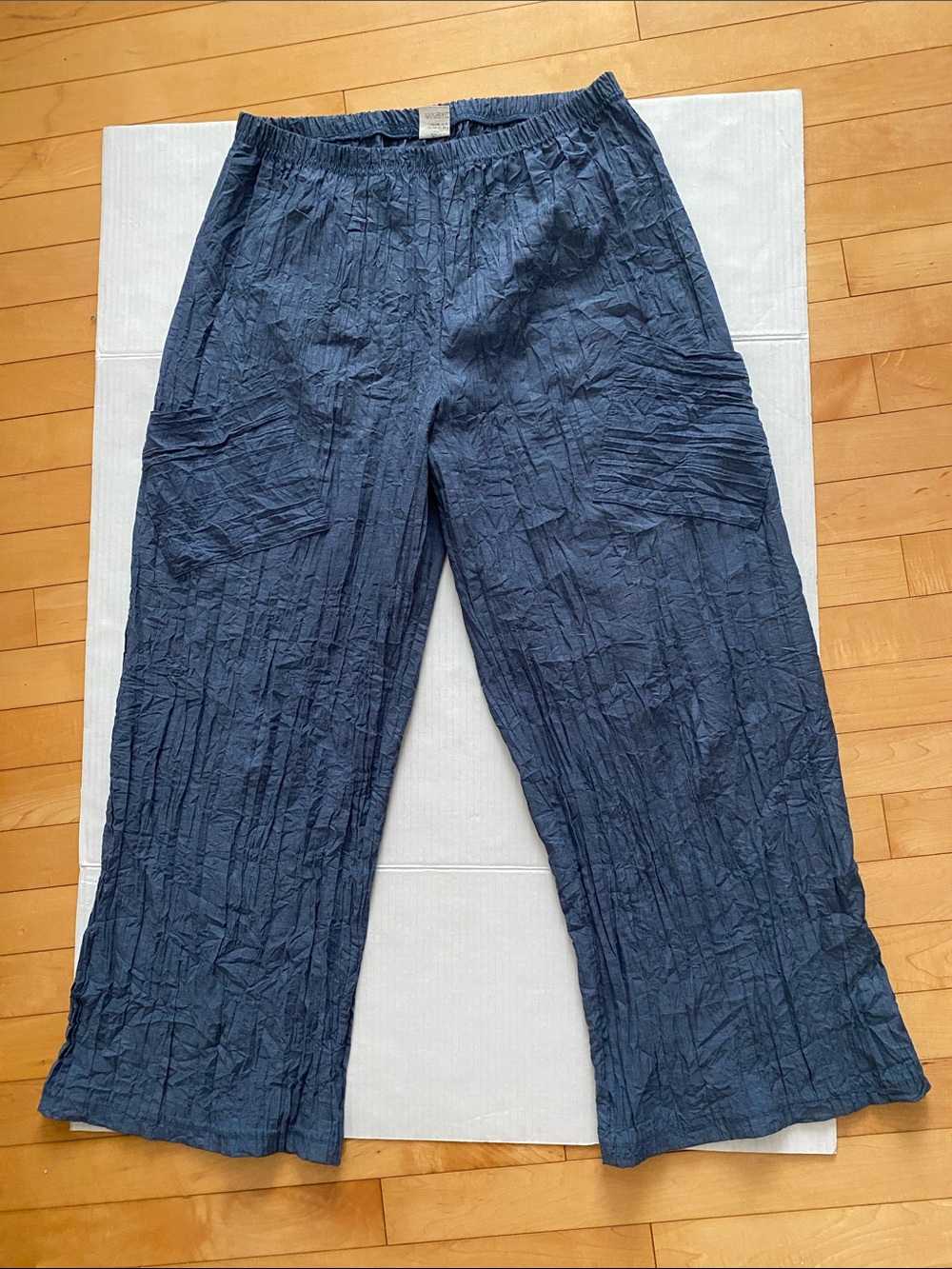 Made in France Blue lightweight Wide-Leg Crinkle Pants elastic waist Sze X-Large